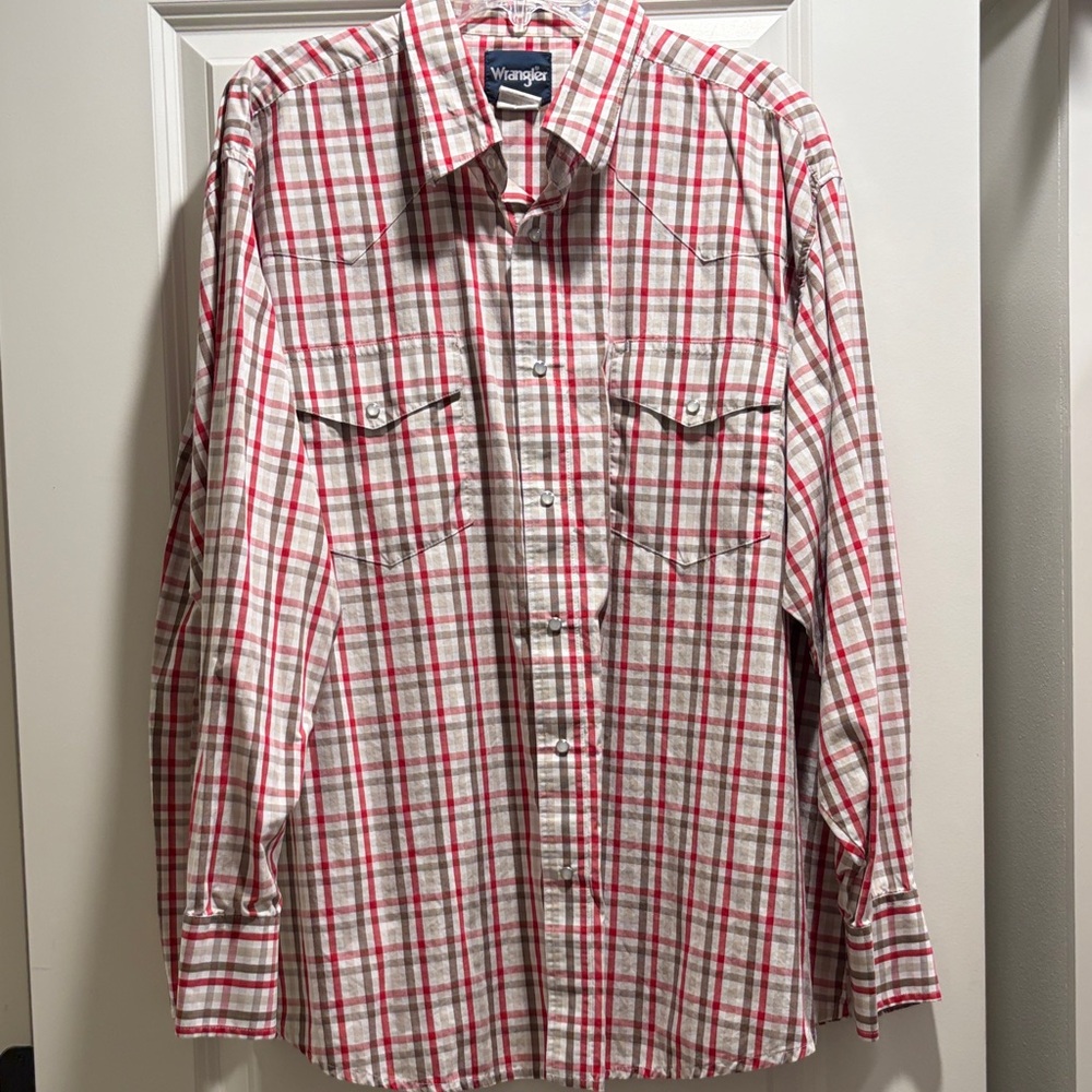 Wrangler White, Red and brown Plaid Western Button-Down Shirt 2XL